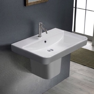 Bathroom Sink Rectangular White Ceramic Semi-Pedestal Sink CeraStyle 079600U-S-PED